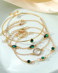 Vintage Geometric Green Stone Multilayer Bracelet Set (4 pcs)